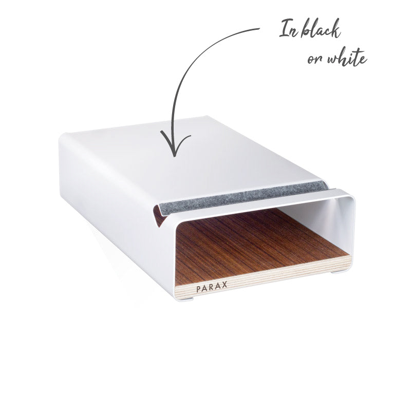 White PARAX bike wall mount S-RACK size L with gray felt frame protector and walnut insert board